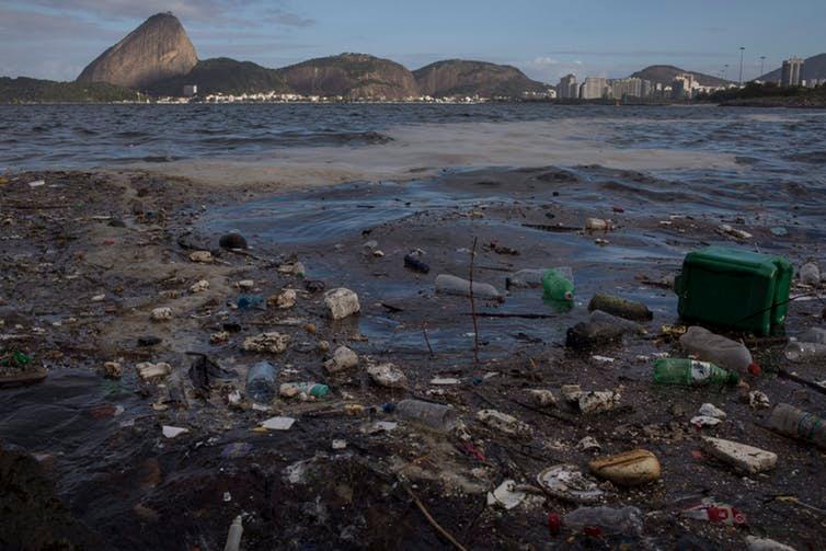 Trash floats in Guanabara Bay in Rio de Janeiro in August 2017.