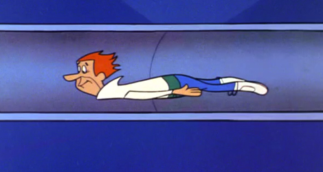 George Jetson flies through a pneumatic tube transport system (1963)