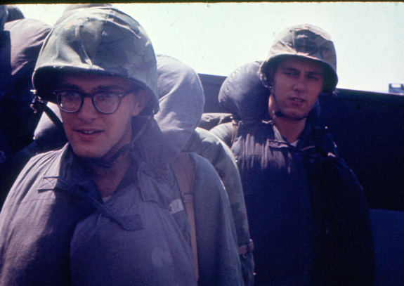 “In the Higgins boat heading towards the beach. I’m the Marine on the right.”