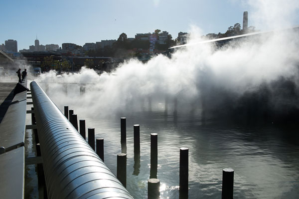 A view of Fujiko Nakaya’s Fog Bridge