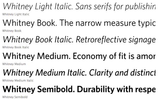 Samples of the Whitney typeface designed by Hoefler & Frere-Jones