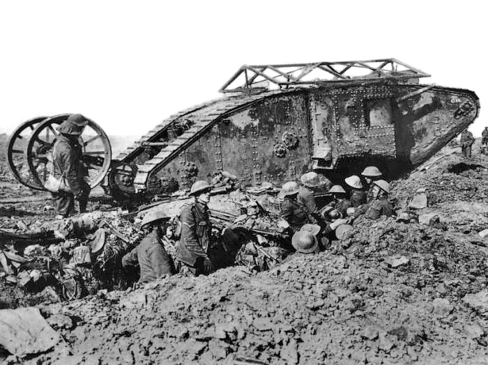 British Mark I tank in action, 1916. Pigeons carried on board tended to become disoriented by petrol fumes.
