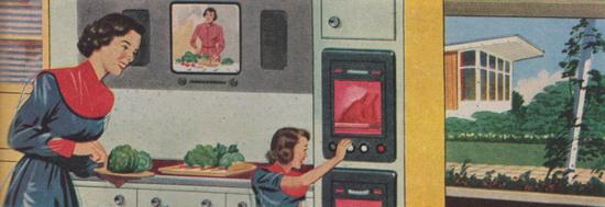 The housewife of 2000 receives cooking instruction by TV