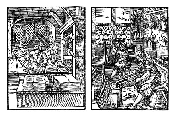 Amman woodcuts showing a compositor with his composing stick and two-page forme, and printers and bookbinders at work