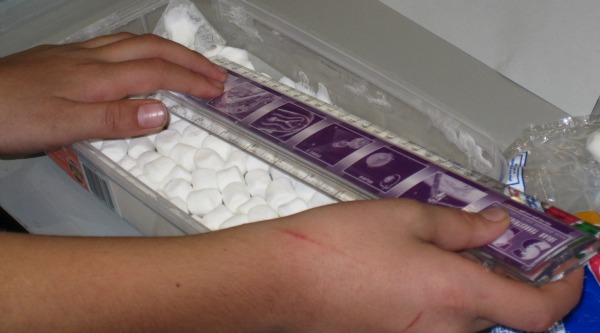 A child measures the distance between melted patches after a layer of marshmallows was microwaved.
