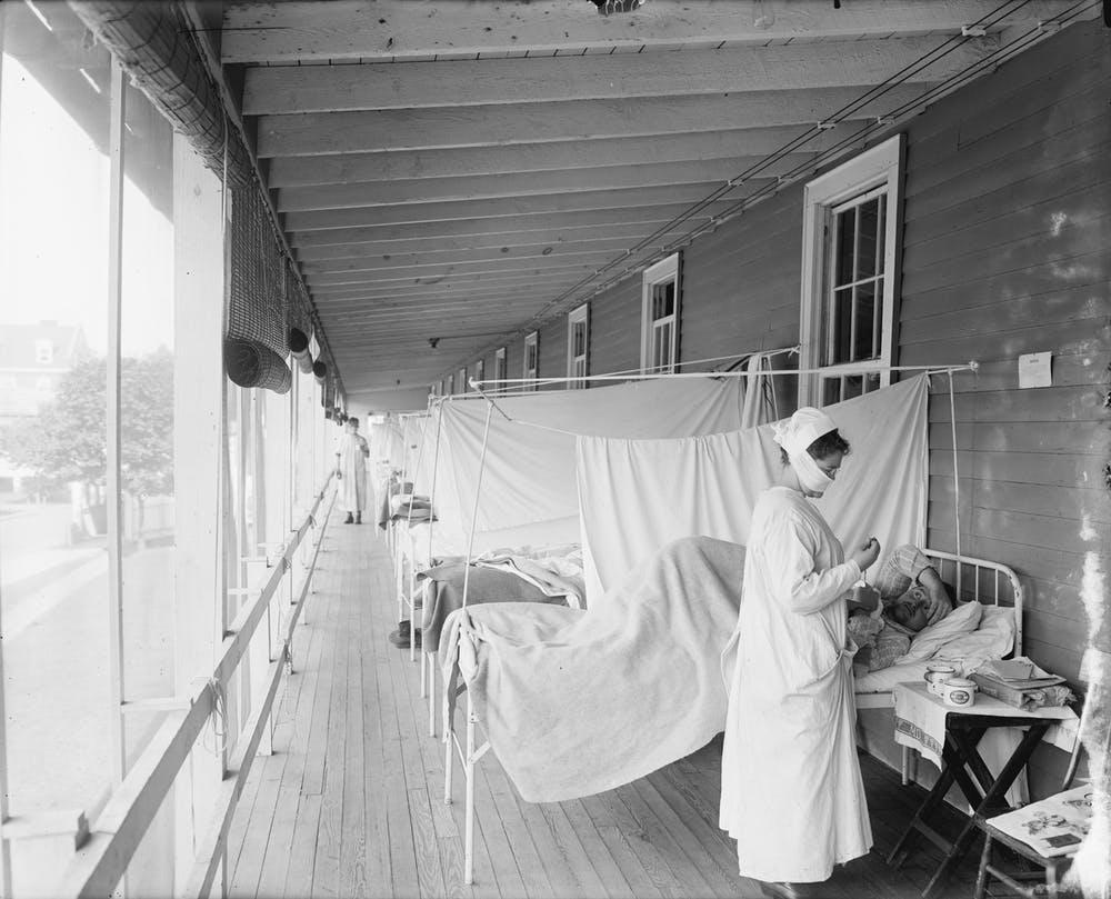 Patients receive care for the Spanish flu at Walter Reed Military Hospital, in Washington, D.C.