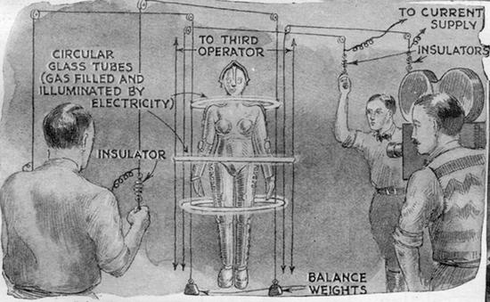 The robot of Metropolis (a mannequin in this shot) is filmed with electricity encircling her.