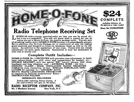 Advertisement for a “Home-O-Fone” crystal radio